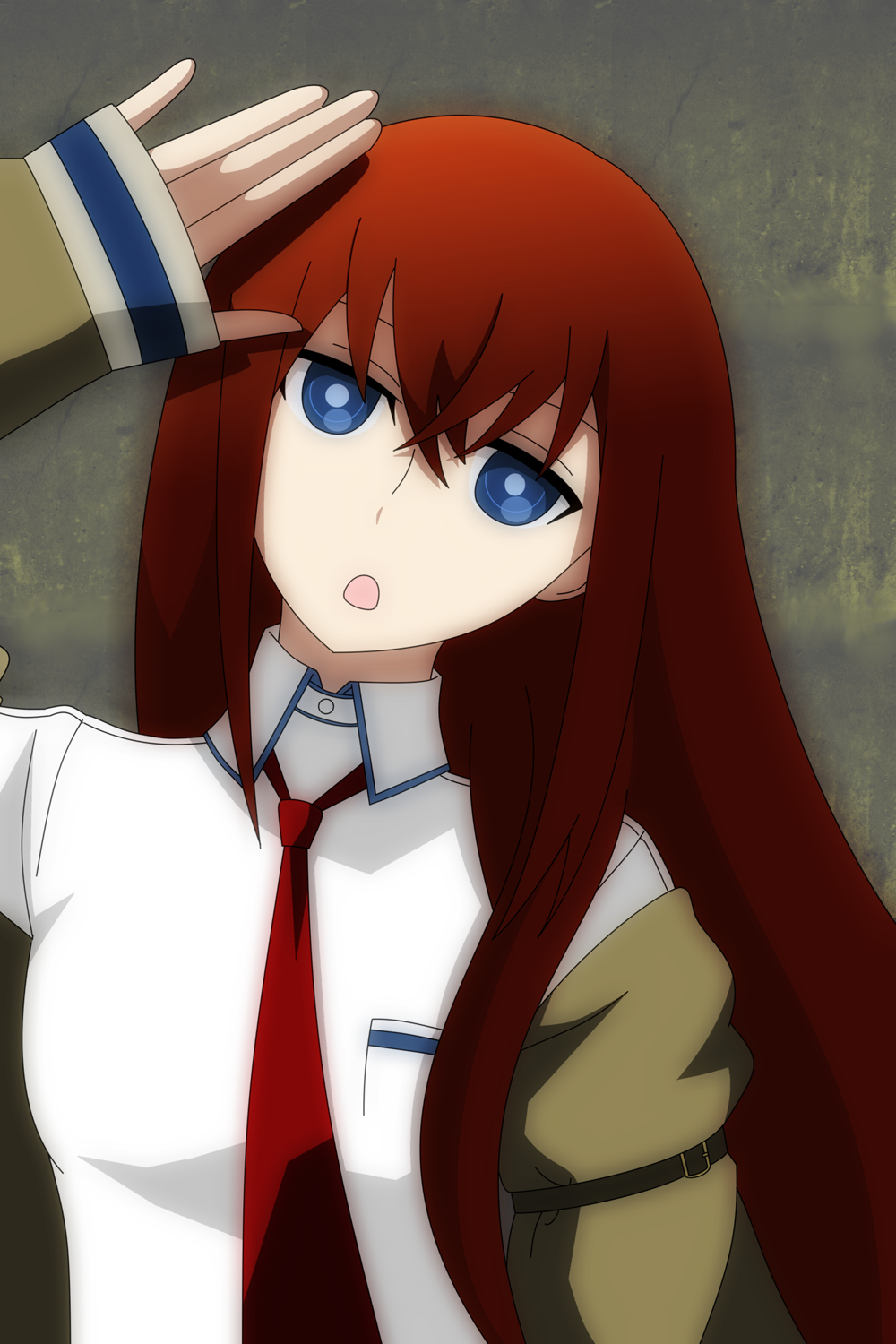 1girl blue_eyes expressionless highres looking_at_viewer makise_kurisu murasaki_(11290921) necktie open_mouth redhead shirt solo steins;gate