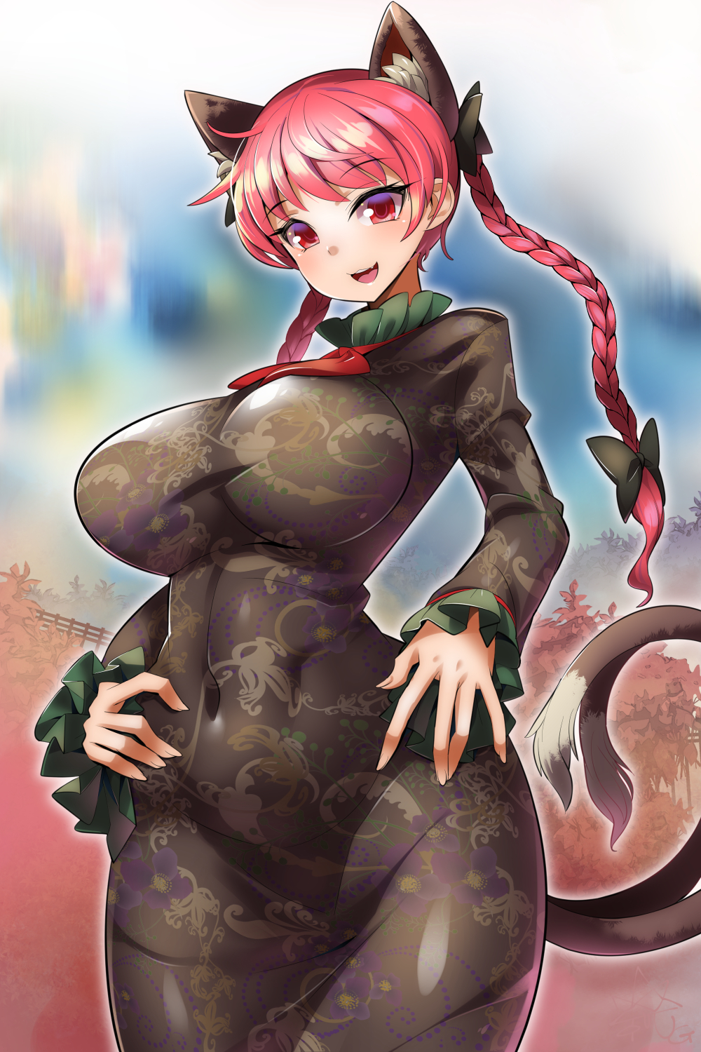 1girl :3 :d animal_ears bangs black_bow black_dress bow braid breasts cat_ears cat_tail covered_navel cowboy_shot curvy dress extra_ears hair_bow highres impossible_clothes impossible_dress kaenbyou_rin large_breasts long_sleeves looking_at_viewer multiple_tails open_mouth red_eyes redhead short_hair_with_long_locks smile solo tail taut_clothes taut_dress tight_dress touhou twin_braids two_tails umigarasu_(kitsune1963) wide_hips
