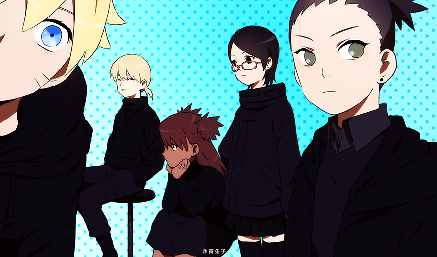 2girls 3boys akimichi_chouchou black_clothes blonde_hair closed_eyes dark_skin glasses lee1210 looking_at_viewer multiple_boys multiple_girls nara_shikadai naruto sitting smile spiky_hair uchiha_sarada uzumaki_boruto whisker_markings whiskers yamanaka_inojin