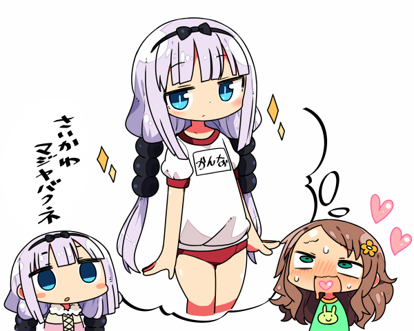 2girls bangs beads blue_eyes blunt_bangs blush brown_hair capelet dress drooling flower green_eyes hair_beads hair_flower hair_ornament hairband heart kanikama kanna_kamui kobayashi-san_chi_no_maidragon lavender_hair long_hair multiple_girls open_mouth saikawa_riko saliva saliva_trail shirt skirt sparkle sweatdrop thought_bubble translated twintails