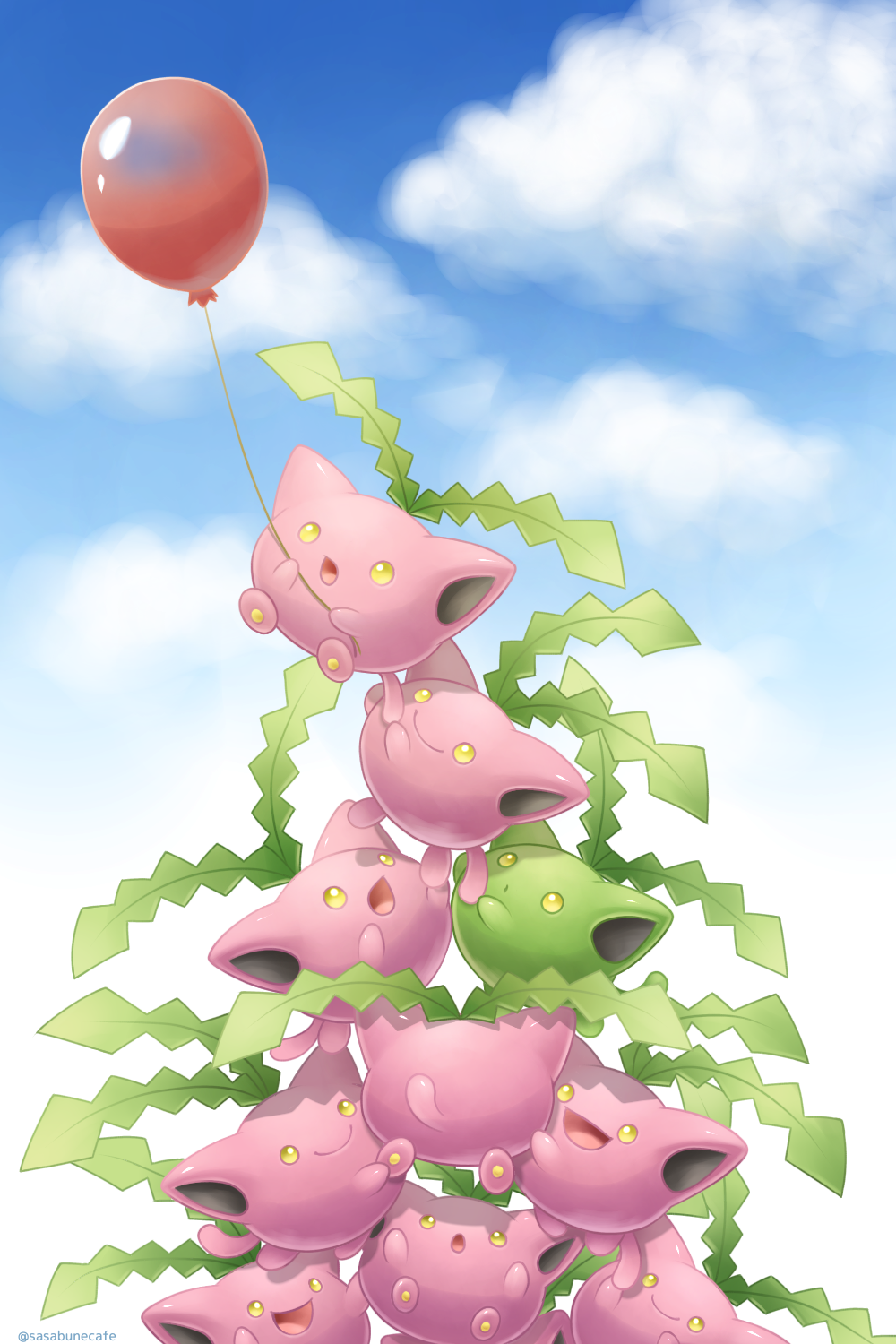 alternate_color balloon closed_mouth clouds commentary_request day highres holding holding_string hoppip no_humans open_mouth outdoors pokemon pokemon_(creature) sasabunecafe shiny_pokemon sky smile string tongue yellow_eyes