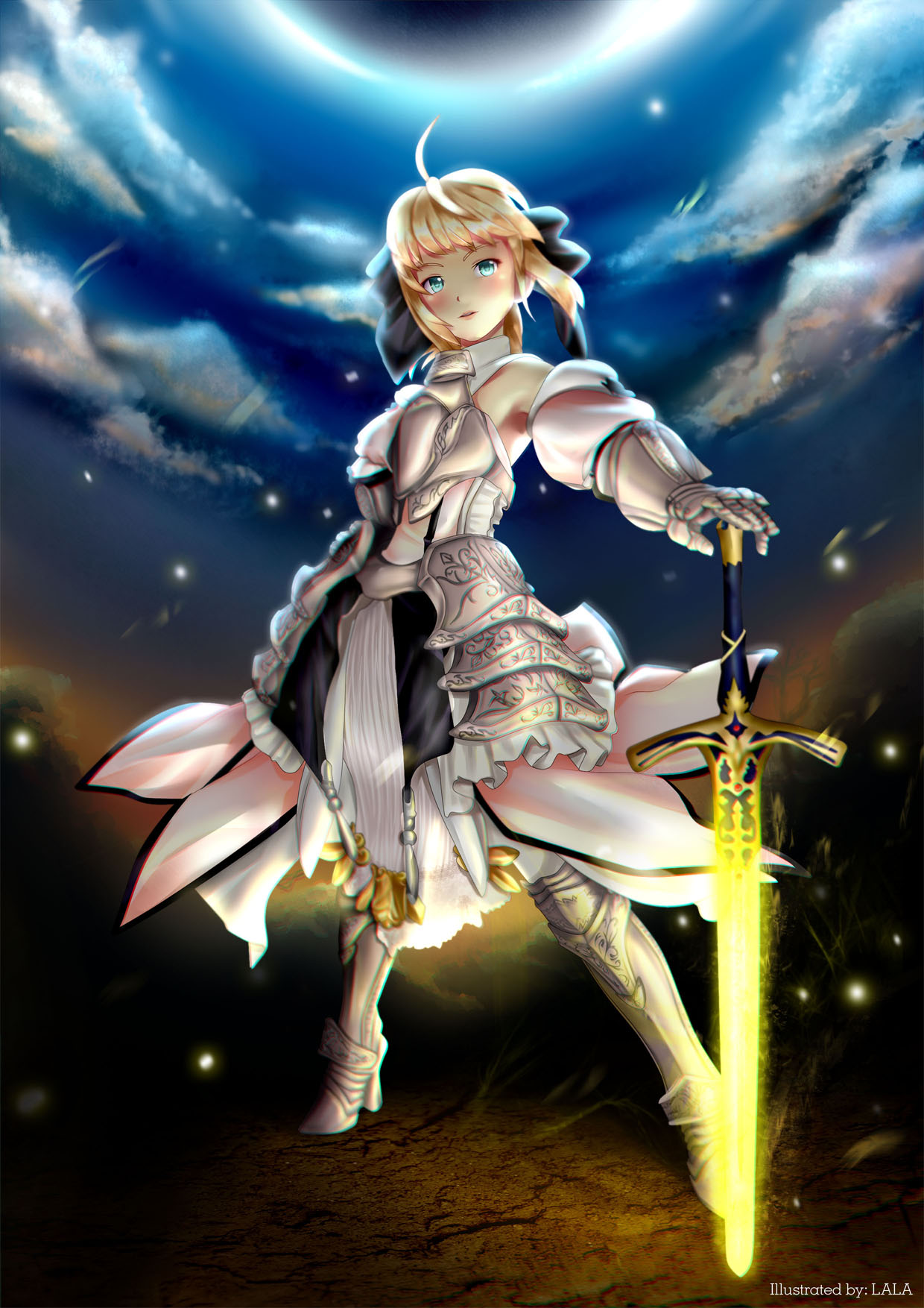 ahoge armor armored_boots bare_shoulders black_ribbon blonde_hair blue_eyes blush boots caliburn clouds detached_sleeves fate/unlimited_codes fate_(series) glowing glowing_sword glowing_weapon hair_ribbon highres redlynx ribbon saber saber_lily weapon