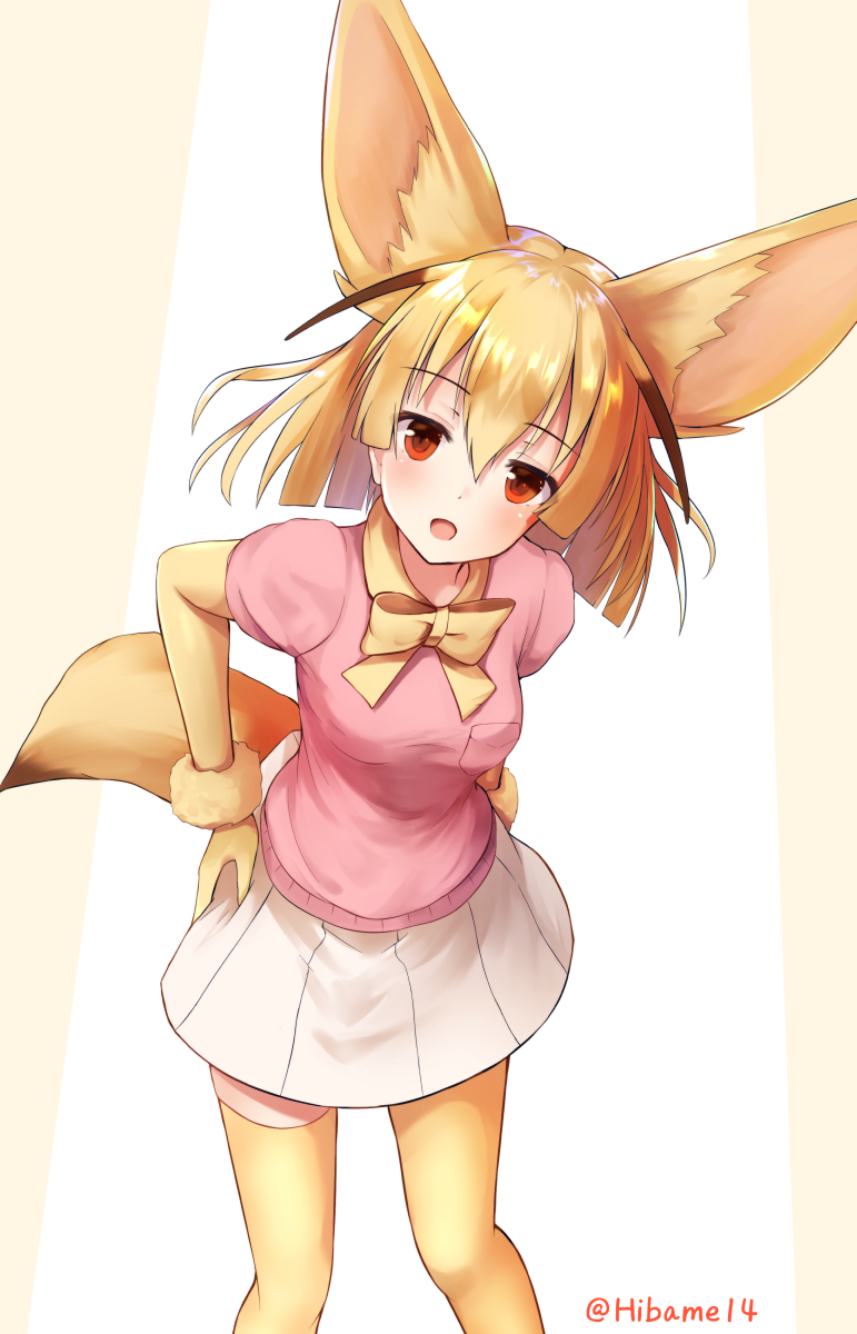 1girl akabane_hibame animal_ears artist_name bow bowtie breasts commentary_request fennec_(kemono_friends) fox_ears fox_tail gloves hands_on_hips highres kemono_friends open_mouth short_hair short_sleeves skirt smile solo tail thigh-highs zettai_ryouiki
