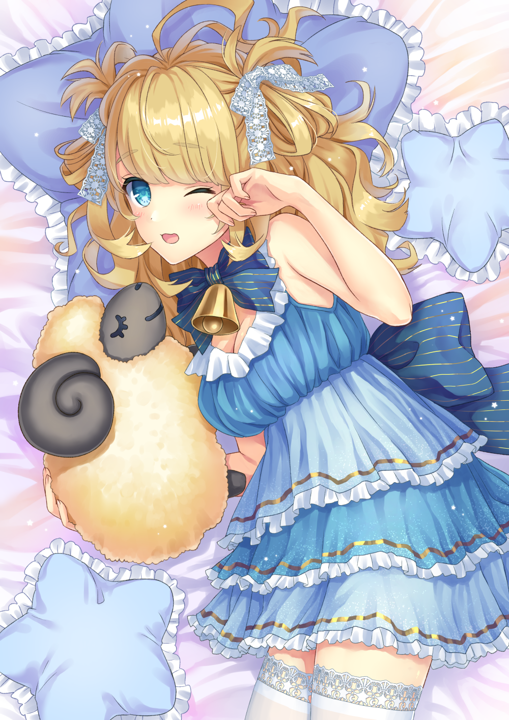 1girl :3 bell blue_bow blue_dress blush bow daidai_jamu dress eyebrows_visible_through_hair hair_bow highres looking_at_viewer one_eye_closed open_mouth original pillow rubbing_eyes sheep smile solo star_pillow stuffed_animal stuffed_sheep stuffed_toy thigh-highs white_bow white_legwear