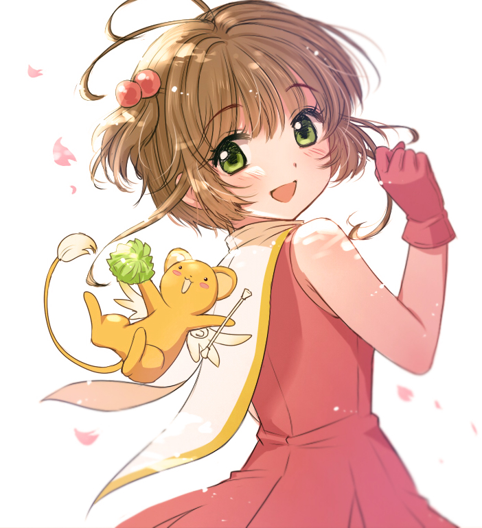 1girl :d antenna_hair brown_hair card_captor_sakura commentary_request dress eyebrows_visible_through_hair from_behind gloves green_eyes kero kinomoto_sakura looking_at_viewer looking_back magical_girl open_mouth petals short_hair sleeveless sleeveless_dress smile solo tsukada_nari upper_body wand