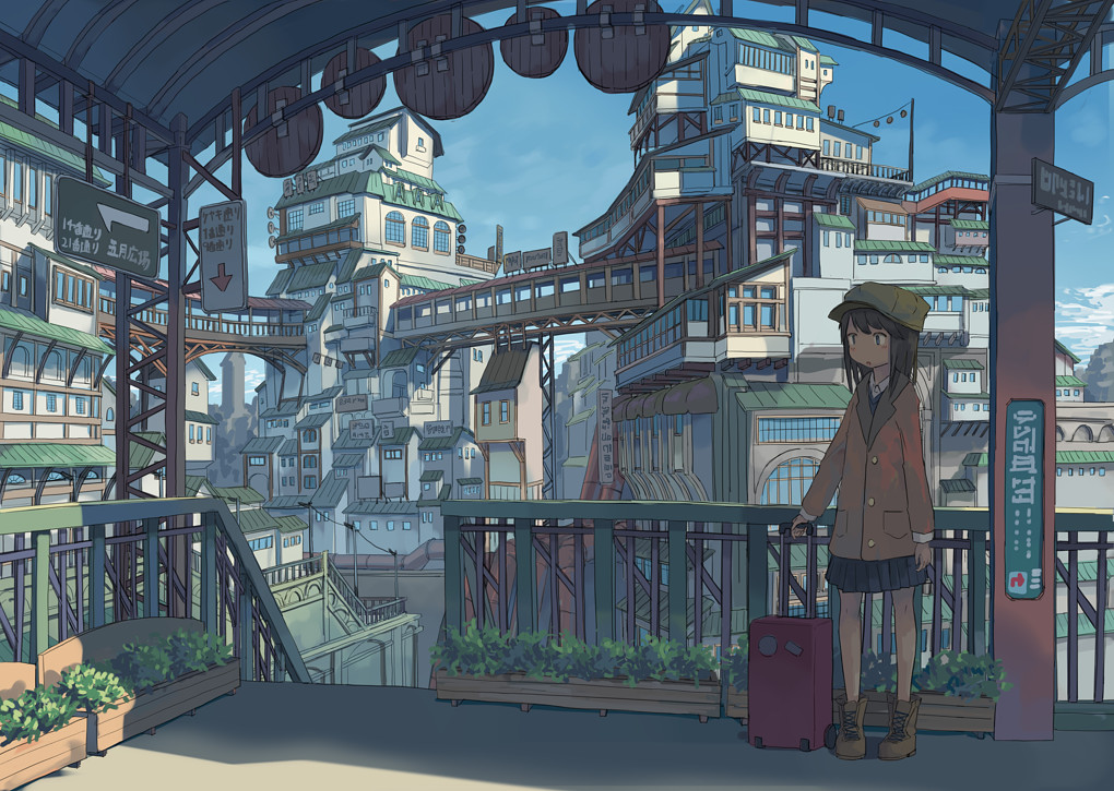 1girl ankle_boots blazer blush boots bridge brown_hair city clouds directional_arrow hat jacket long_hair open_mouth original plant pleated_skirt railing scenery shade sign skirt sky solo stairs suitcase telephone_pole wu_ba_pin
