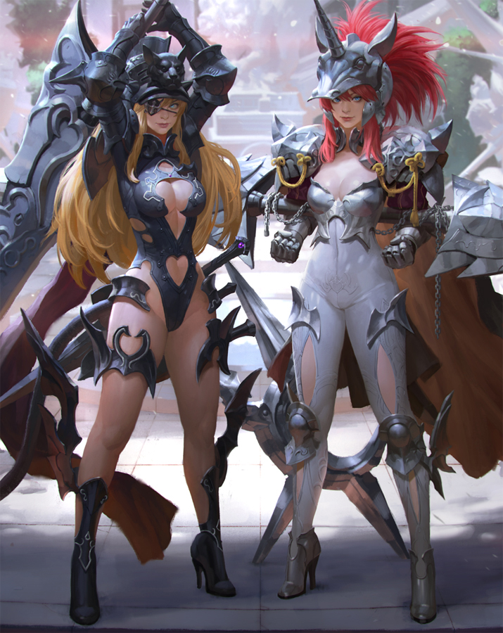 2girls armor blonde_hair blue_eyes bodystocking breasts center_opening cleavage double-blade eyepatch fantasy full_body gauntlets greaves heart_cutout helmet high_heels horn horned_helmet huge_weapon kilart knee_pads large_breasts leotard lips long_hair multiple_girls nose original pauldrons planted_weapon ponytail redhead revision sidelocks standing sword weapon