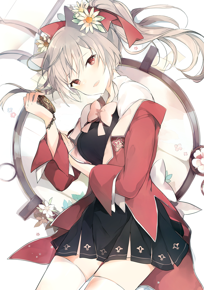 1girl animal_ears black_dress blouse cat_ears cowgirl_position dress head_tilt jacket lavender_hair long_hair looking_at_viewer lpip neck_ribbon original pocket_watch ponytail red_eyes red_jacket ribbon short_dress straddling thigh-highs unbuttoned watch white_blouse white_legwear