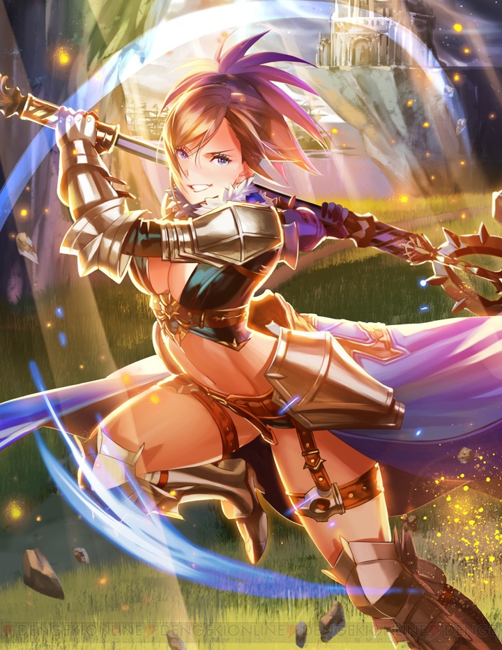 1girl arm_up armor artist_request belt blue_eyes boots breasts cleavage fur_trim gauntlets greaves grin high_heel_boots high_heels hortensia_saga looking_at_viewer medium_breasts midriff navel official_art outdoors polearm ponytail purple_hair short_shorts shorts smile solo thigh_strap watermark weapon