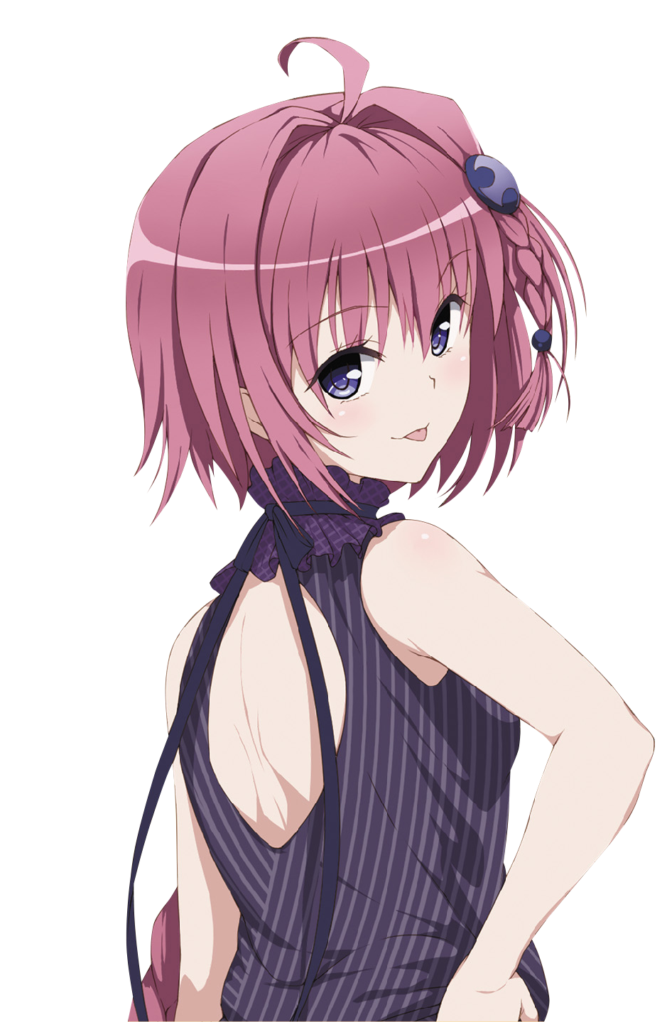 1girl ahoge blue_eyes braid from_behind hair_ornament hand_on_hip highres kurosaki_mea looking_at_viewer looking_back purple_hair short_hair solo standing striped to_love-ru tongue tongue_out transparent_background upper_body vertical_stripes