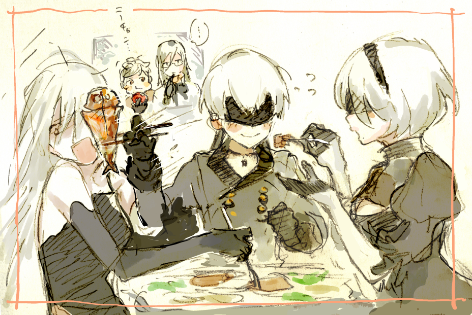 2girls 3boys adam_(nier_automata) android apple blindfold blush breasts choker chopsticks cleavage_cutout dress eating elbow_gloves eve_(nier_automata) feeding fish food fork fruit gloves ichinose777 juliet_sleeves long_hair long_sleeves medium_breasts multiple_boys multiple_girls nier_(series) nier_automata open_mouth puffy_sleeves short_hair sketch smile tank_top text translation_request white_background white_hair yorha_no._2_type_b yorha_no._9_type_s yorha_type_a_no._2