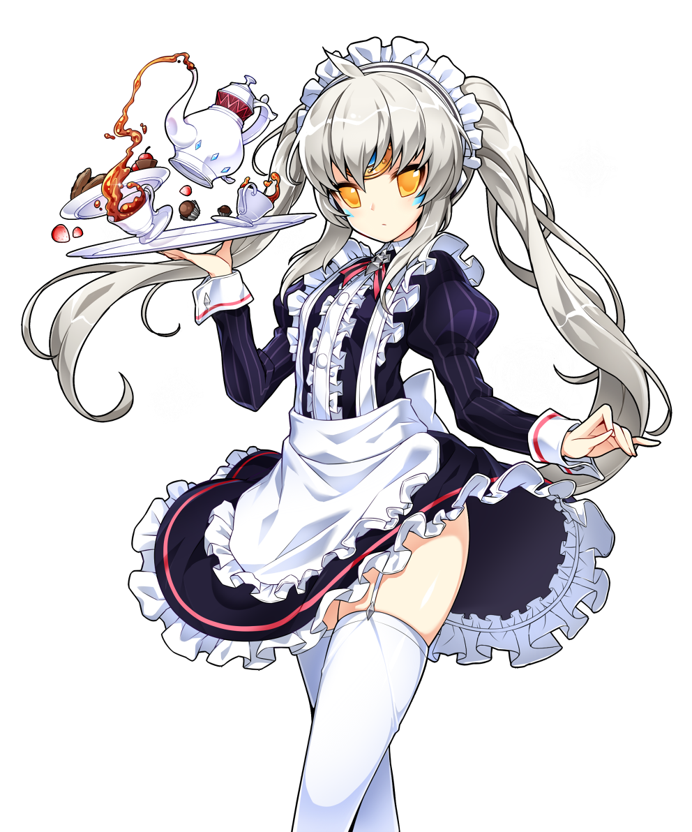 1girl apron dress elsword eve_(elsword) full_body long_hair maid maid_headdress official_art olo silver_hair standing thigh-highs transparent_background twintails very_long_hair white_apron white_legwear yellow_eyes zettai_ryouiki