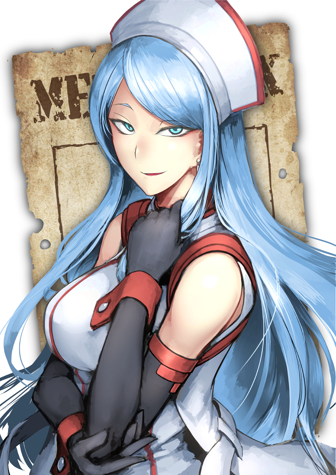 1girl belt black_gloves blue_eyes blue_hair breasts commentary copyright_name elbow_gloves eyebrows_visible_through_hair gloves hat hetza_(hellshock) large_breasts light_smile long_hair looking_at_viewer metal_max_3 nurse_(metal_max) nurse_cap parted_lips seductive_smile shiny shiny_hair smile solo tsurime white_belt