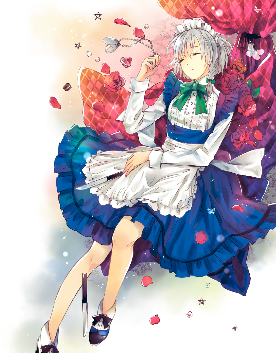 1girl apron bow braid closed_eyes curtains dress flower food hair_bow izayoi_sakuya knife macaron maid maid_headdress petals pocket_watch red_rose ringocha rose side_braid sparkle star sugar_cube touhou watch white_hair