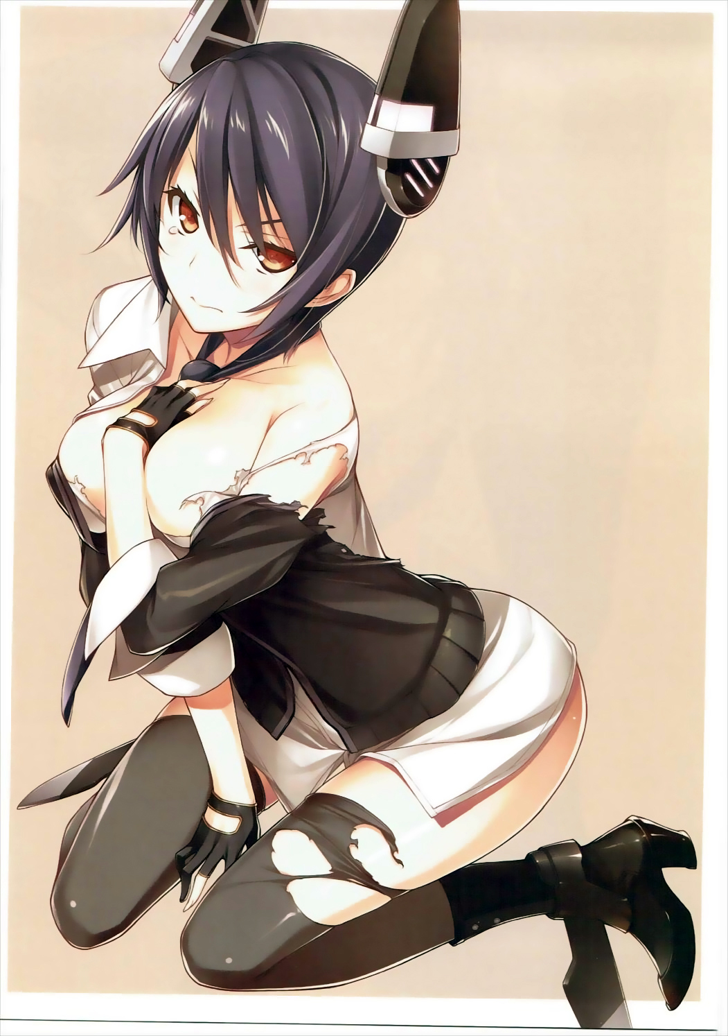 1girl black_legwear blush breasts cleavage closed_mouth full_body gloves headgear high_heels highres kantai_collection kikuchi_seiji kneeling large_breasts looking_at_viewer necktie no_eyepatch no_pants partly_fingerless_gloves purple_hair red_eyes scan school_uniform shiny shiny_hair shirt short_hair solo tenryuu_(kantai_collection) thigh-highs torn_clothes torn_shirt torn_thighhighs