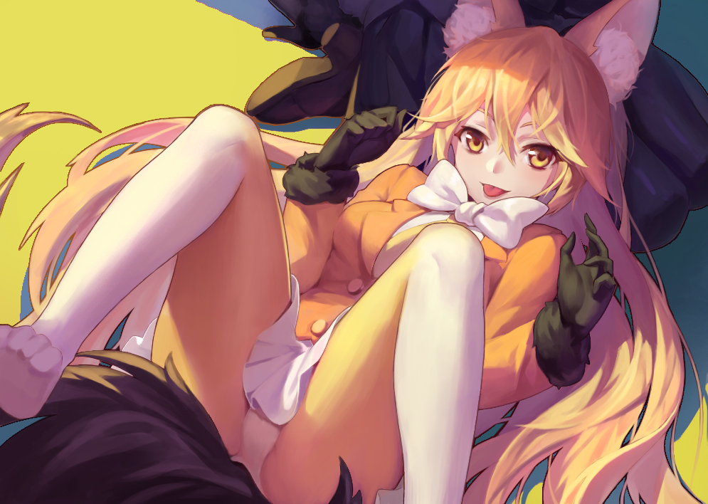 2girls :p animal_ears arms_at_sides black_gloves black_legwear black_shoes black_skirt blonde_hair bow bowtie breasts buttons chunrijun_(springer) commentary_request ezo_red_fox_(kemono_friends) feet fox_ears fox_tail from_above fur-trimmed_sleeves fur_trim gloves hair_between_eyes jacket kemono_friends lap_pillow legs legs_up long_hair long_sleeves lower_body lying medium_breasts miniskirt multicolored multicolored_clothes multicolored_legwear multiple_girls necktie no_shoes on_back orange_jacket out_of_frame panties panties_over_pantyhose pantyhose pleated_skirt seiza shoes silver_fox_(kemono_friends) sitting skirt smile solo_focus tail toe_scrunch tongue tongue_out underwear upskirt very_long_hair white_bow white_bowtie white_panties white_skirt yellow_eyes yellow_necktie