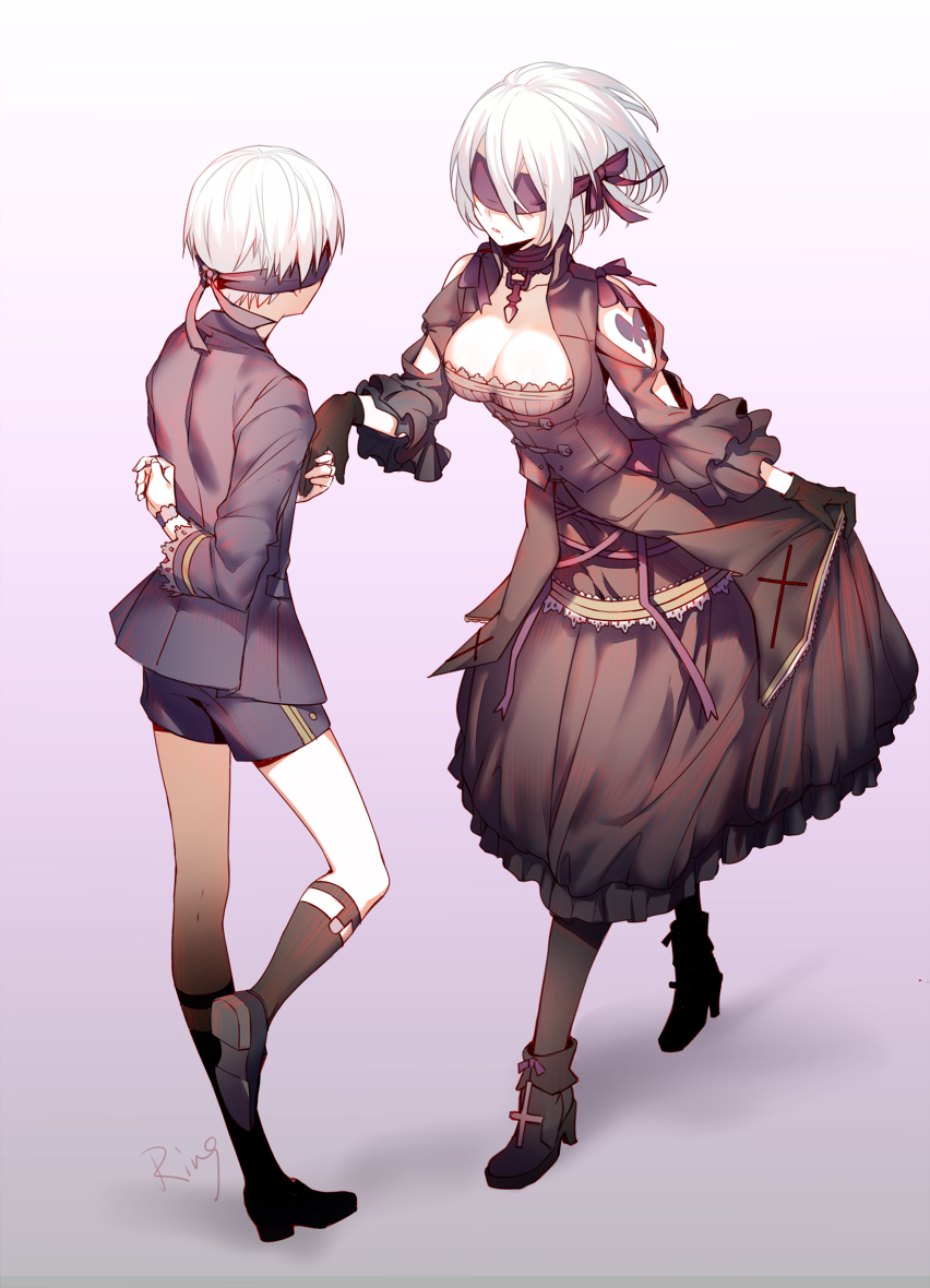 1boy 1girl aki663 black_dress black_hairband blindfold breasts couple covered_eyes dress feather-trimmed_sleeves flower formal gloves hair_flower hair_ornament hairband hand_holding juliet_sleeves long_sleeves mole mole_under_mouth nier nier_(series) nier_automata puffy_sleeves ribbed_dress short_hair shorts white_hair yorha_no._2_type_b yorha_no._9_type_s