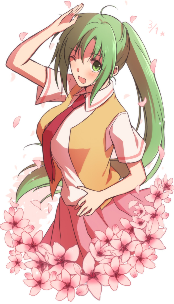 1girl ahoge amazuki_jou breasts flower green_eyes green_hair higurashi_no_naku_koro_ni large_breasts long_hair long_ponytail looking_at_viewer necktie one_eye_closed pink_skirt ponytail red_necktie skirt solo sonozaki_mion vest