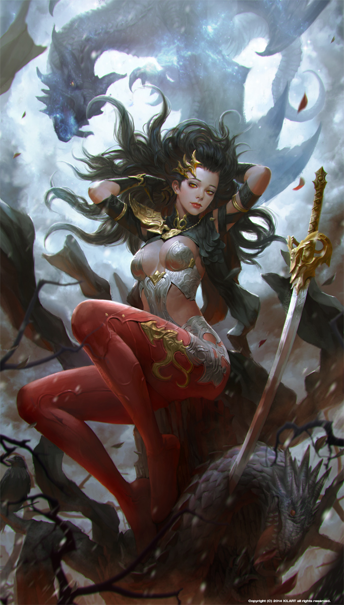 1girl armlet black_hair blood bloody_weapon bracer breasts commentary dragon fantasy hair_ornament hands_in_hair highres kilart lips long_hair medium_breasts nose original pantyhose planted_sword planted_weapon red_eyes red_legwear revealing_clothes revision solo_focus sword very_long_hair weapon wind wind_lift