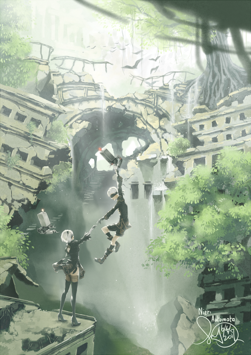 1boy 1girl 2017 android black_clothes blindfold boots breasts commentary copyright_name dated dress gloves juliet_sleeves long_sleeves midair nier_(series) nier_automata patterned_clothing pod_(nier_automata) puffy_sleeves reaching ruins scenery short_hair shorts sua_lucid text thigh-highs thigh_boots tree white_hair yorha_no._2_type_b yorha_no._9_type_s