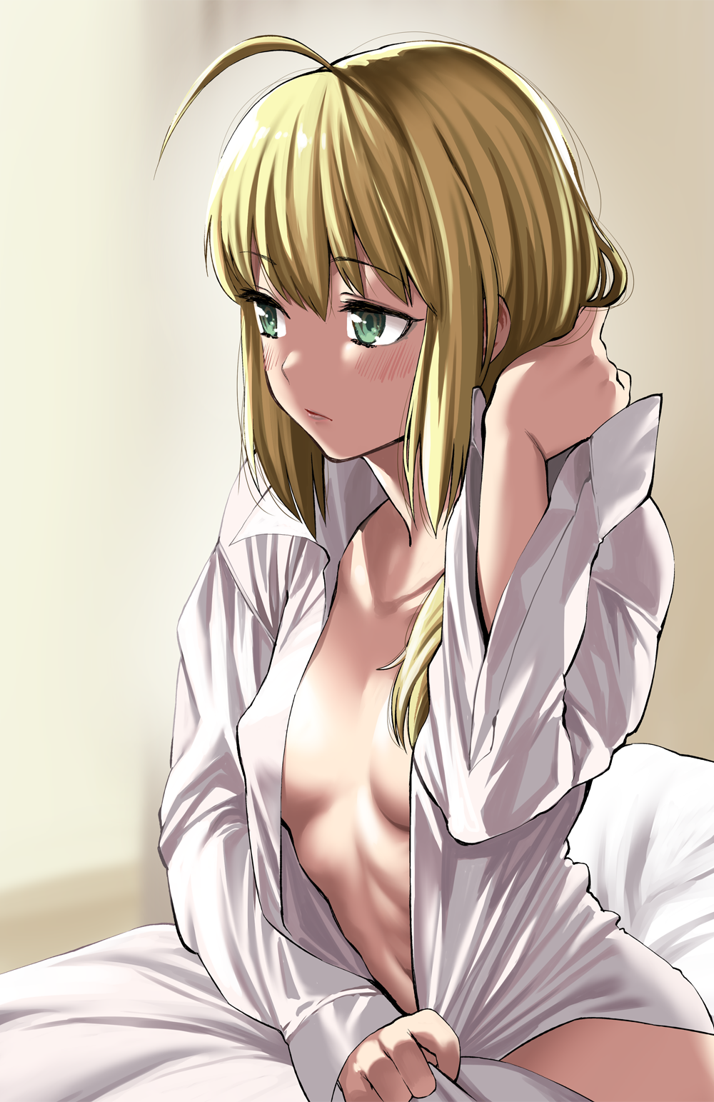 1girl ahoge blonde_hair blush breasts debacoq fate/stay_night fate_(series) green_eyes highres long_hair looking_away open_clothes saber solo