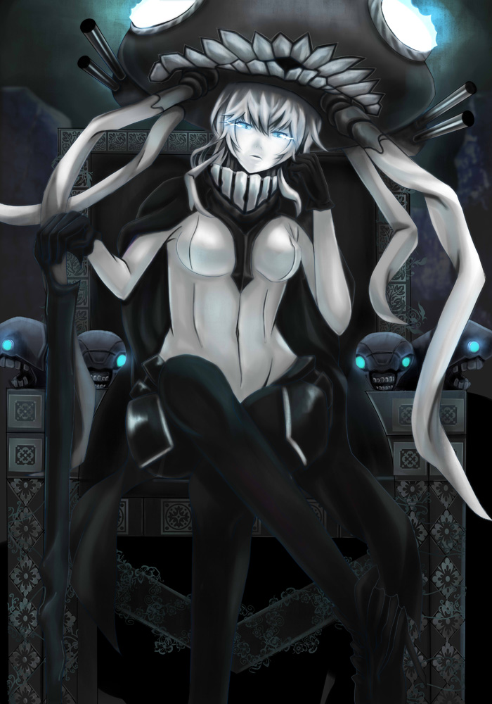 1girl black_cape black_gloves blue_eyes cane cannons cape expressionless gloves glowing glowing_eyes hand_on_cane head_rest i-class_destroyer kantai_collection legs_crossed looking_at_viewer pale_skin setu_(pixiv3394201) shinkaisei-kan sitting solo teeth throne white_hair wo-class_aircraft_carrier