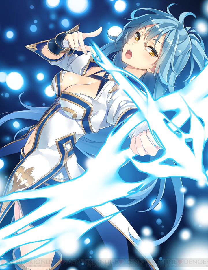 1girl blue_hair bow_(weapon) breasts brown_eyes cleavage cleavage_cutout dutch_angle fingerless_gloves foreshortening gloves hair_between_eyes hortensia_saga long_hair looking_at_viewer medium_breasts mmu navel official_art open_mouth solo thigh-highs very_long_hair watermark weapon white_gloves