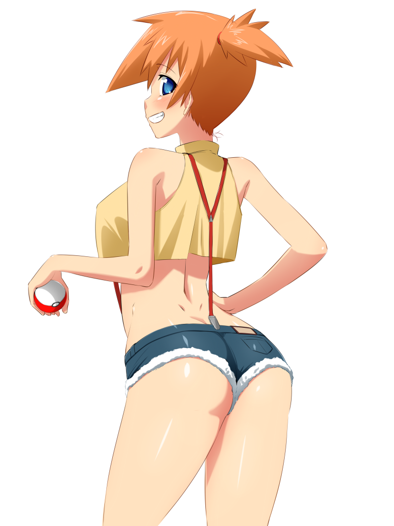 1girl ass bare_arms bare_shoulders blue_eyes blush butt_crack cowboy_shot crop_top crop_top_overhang cutoffs denim denim_shorts dimples_of_venus from_behind grin gym_leader hand_on_hip holding holding_poke_ball kasumi_(pokemon) looking_at_viewer looking_back orange_hair poke_ball pokemon pokemon_(anime) profile shirt short_hair short_shorts shorts side_ponytail sleeveless sleeveless_shirt smile solo suspender_shorts suspenders tamezou yellow_shirt
