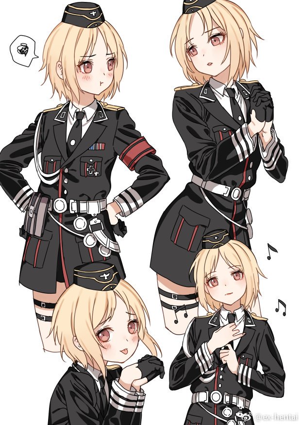 1 1girl armband artist_request beamed_quavers blonde_hair blush brown_eyes cowboy_shot eyebrows eyebrows_visible_through_hair german_clothes girl girls_frontline gloves hat iron_cross looking_at_viewer medal military military_uniform mp38_(girls_frontline) musical_note necktie pout quaver short_hair skirt speech_bubble spoken_squiggle squiggle thigh_strap tongue tongue_out uniform
