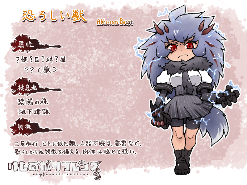 1girl bike_shorts bloodborne blue_hair boots character_name claws electricity fur_trim glaring gloves kemono_friends long_hair looking_at_viewer messy_hair monster_girl parody personification red_eyes school_uniform solo spikes spiky_hair tail torn_clothes translation_request wolf_girl wolf_tail yagi_mutsuki