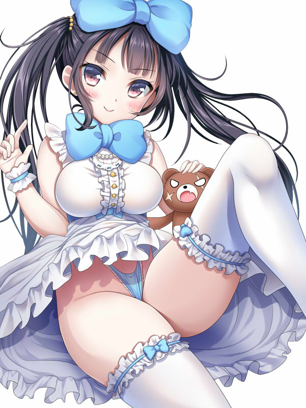 1girl black_hair blue_bow blue_panties bow breasts character_request hair_bow highleg highleg_panties inma_kourin_devil_carnival jewelry large_breasts long_hair looking_at_viewer necklace panties petting red_eyes seta_(monyun) sleeveless stuffed_animal stuffed_toy teddy_bear thigh-highs twintails underwear white_legwear wrist_cuffs