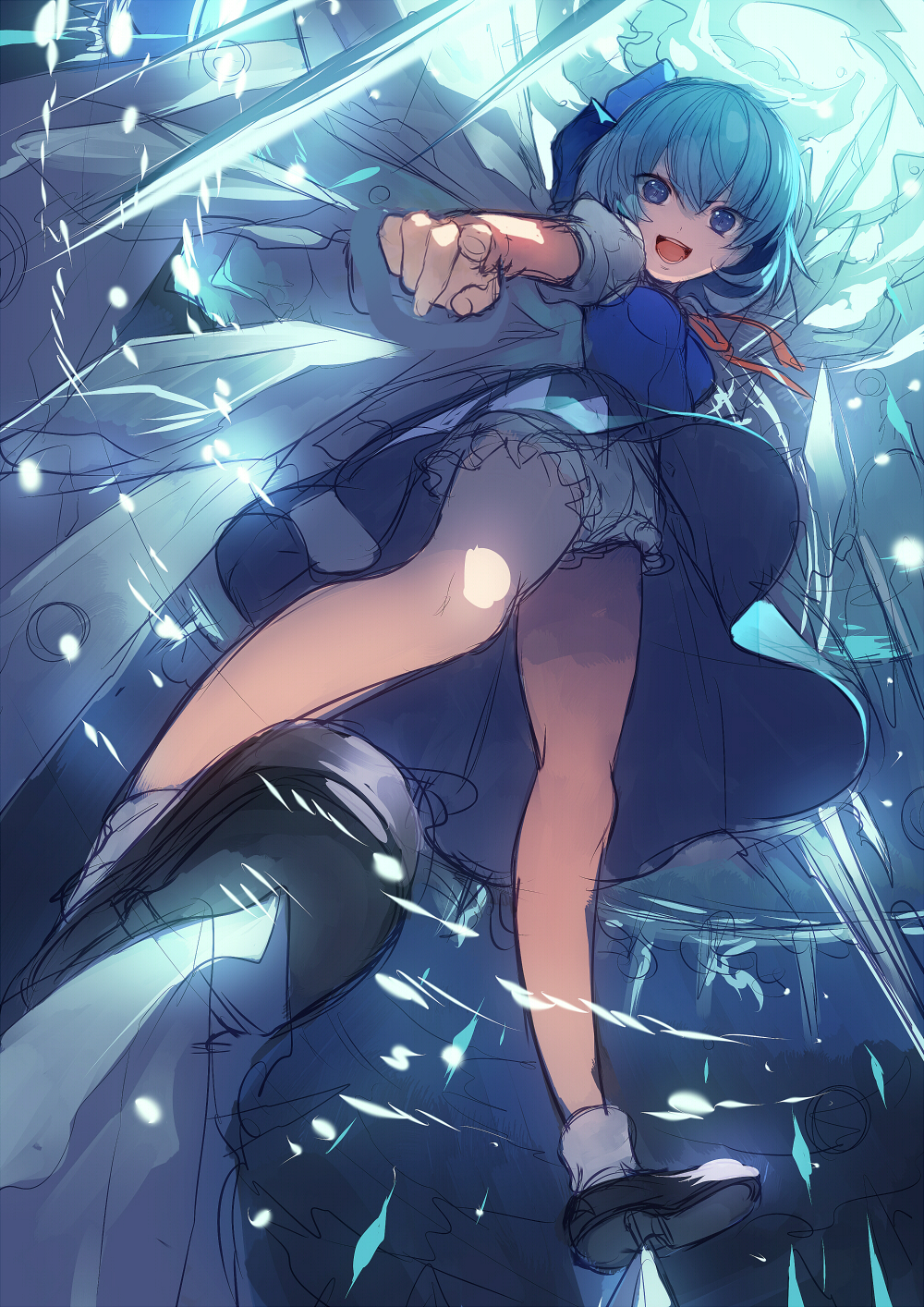 1girl :d bare_legs black_shoes bloomers blue_bow blue_dress blue_eyes blue_hair bow cirno commentary_request dress foreshortening from_below hair_bow highres ice ice_wings icicle light_particles looking_at_viewer neck_ribbon open_mouth pointing pointing_at_viewer puffy_short_sleeves puffy_sleeves red_ribbon ribbon shoes short_hair short_sleeves sketch smile socks solo standing touhou tsukimoto_aoi underwear upskirt white_bloomers white_legwear wings
