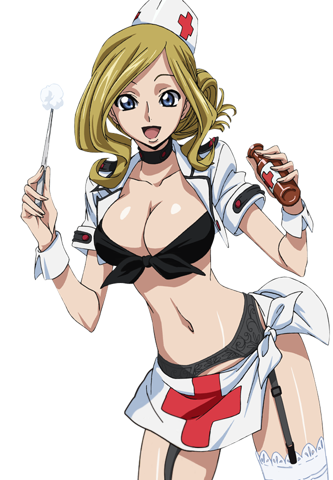 1girl :d black_bra blonde_hair bra breasts choker cleavage code_geass collarbone front-tie_top garter_belt garter_straps grey_eyes hat holding jacket large_breasts long_hair looking_at_viewer midriff milly_ashford miniskirt navel nurse nurse_cap open_clothes open_jacket open_mouth shiny shiny_skin short_sleeves skirt smile solo standing stomach thigh-highs tied_skirt transparent_background underwear white_jacket white_legwear white_skirt wrist_cuffs