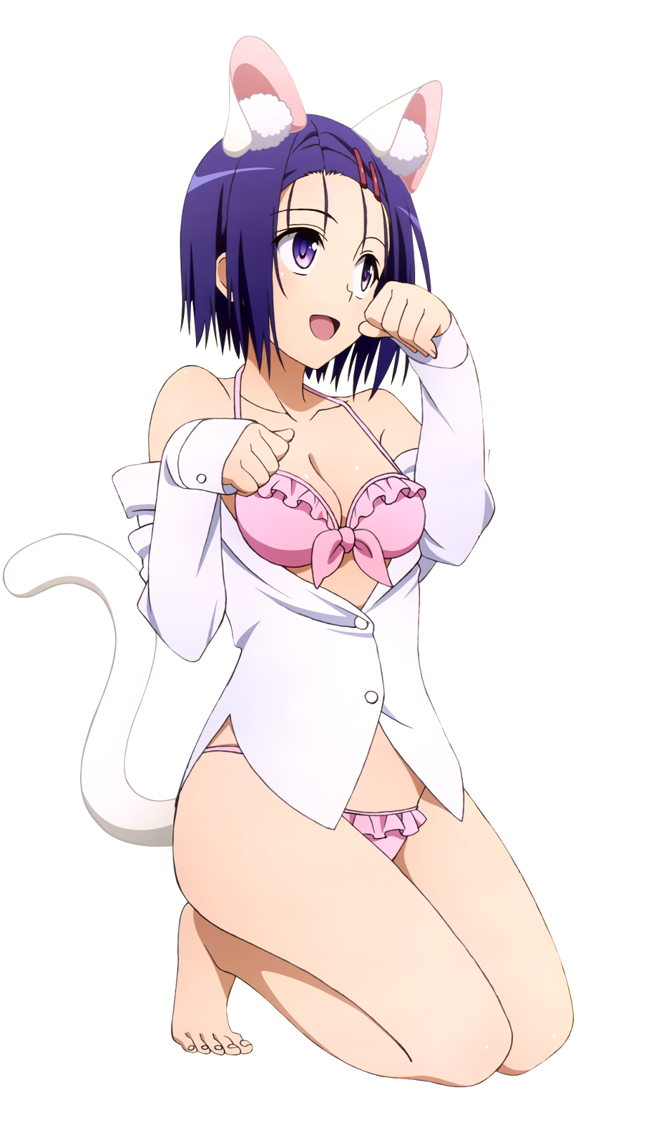 1girl :d animal_ears barefoot bikini blue_hair breasts cat_ears cat_tail cleavage collarbone dress_shirt feet frilled_bikini frills full_body hair_ornament hairclip highres kneeling medium_breasts off_shoulder open_clothes open_mouth open_shirt paw_pose pink_bikini sairenji_haruna shirt short_hair smile solo swimsuit tail to_love-ru transparent_background violet_eyes white_shirt