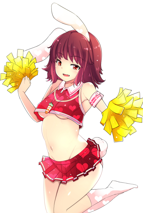 1girl alternate_costume animal_ears armband bare_shoulders belly blush breasts brown_hair bunny_tail cheerleader commentary_request crop_top fang heart heart_print inaba_tewi ippongui looking_at_viewer microskirt midriff navel no_shoes open_mouth pom_poms rabbit_ears red_eyes short_hair simple_background skirt sleeveless small_breasts smile solo tail touhou under_boob white_background white_legwear