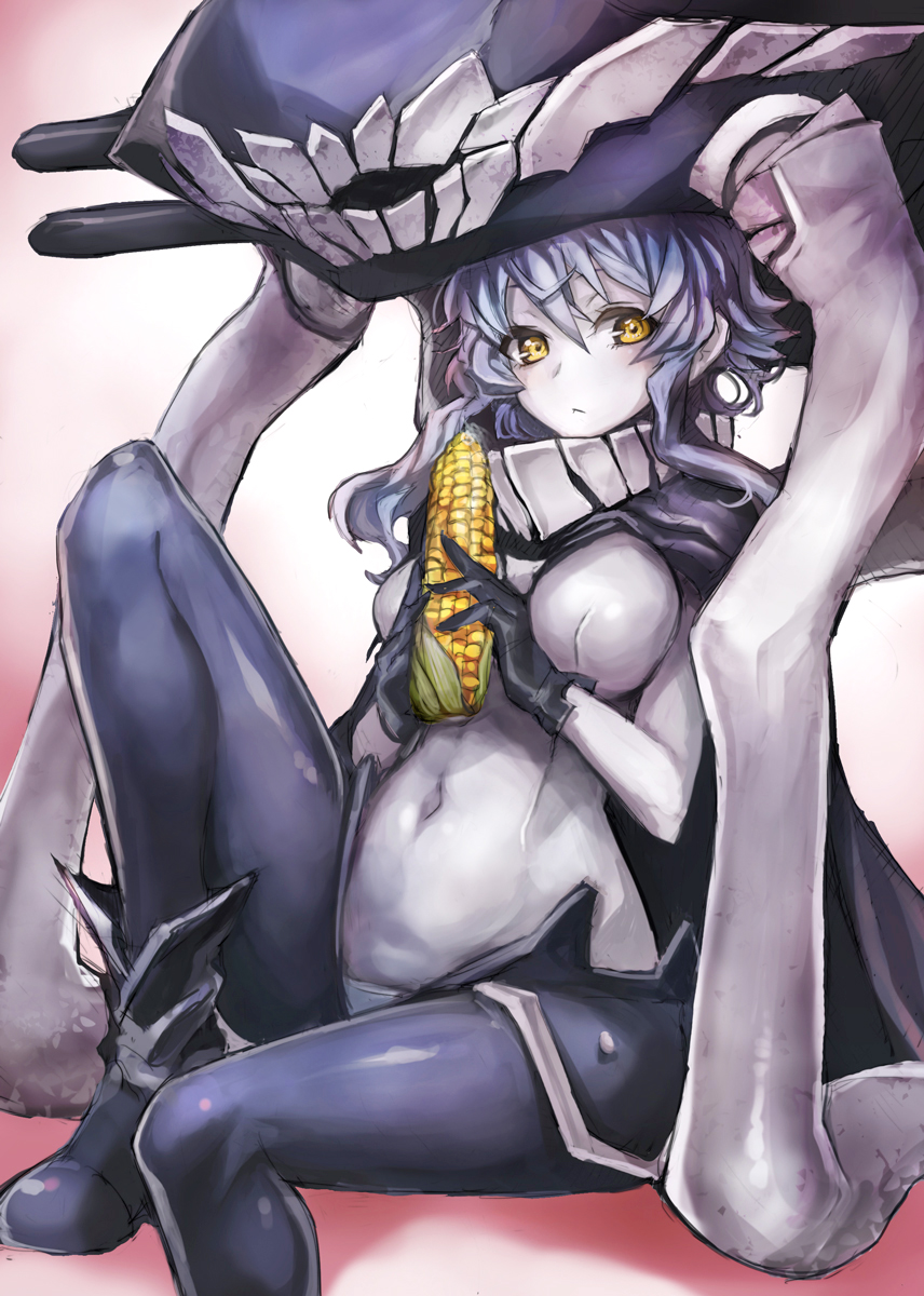 1girl :&lt; ankle_boots bodysuit boots breasts cape corn covered_navel gloves highres kantai_collection large_breasts looking_at_viewer monster pale_skin revision shinkaisei-kan silver_hair sitting solo taishi_(picchiridou) wo-class_aircraft_carrier yellow_eyes