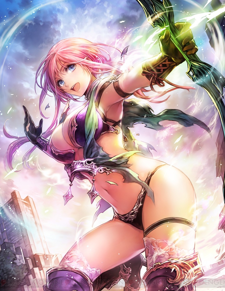 1girl arm_strap armor artist_request bikini_armor blue_eyes boots bow_(weapon) dutch_angle gloves hortensia_saga leg_up navel official_art outdoors pink_hair purple_bikini_top sidelocks solo thigh-highs thigh_boots thigh_strap watermark weapon