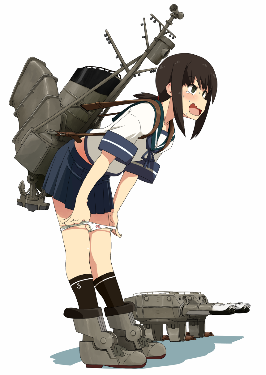 1girl @_@ blue_skirt brown_hair brown_legwear commentary embarrassed fubuki_(kantai_collection) highres kantai_collection kneehighs kozou_(rifa) machinery neckerchief open_mouth panties panty_pull pleated_skirt revision sailor_collar school_uniform serafuku short_ponytail simple_background skirt solo tears underwear wavy_mouth white_background