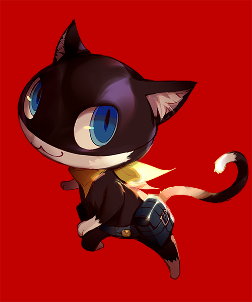 :3 animal ask_(askzy) bag belt belt_pouch blue_eyes buckle cat closed_mouth full_body kerchief looking_at_viewer morgana_(persona_5) no_humans persona persona_5 red_background simple_background