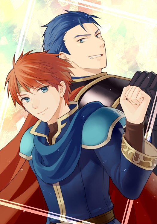 2boys armor back-to-back belt blue_cape blue_eyes blue_hair breasts cape clenched_hand clenched_hands clenched_teeth closed_mouth eliwood eliwood_(fire_emblem) fire_emblem fire_emblem:_rekka_no_ken fist_bump friends grin headband hector hector_(fire_emblem) highres kiyuu large_breasts looking_at_viewer looking_back male_focus multiple_boys neck nintendo red_cape redhead short_hair smile teeth tiara