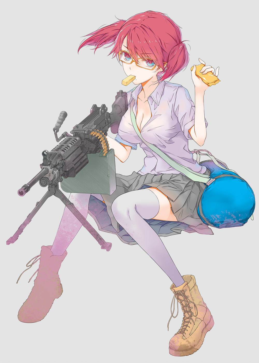 1girl blue_eyes boots eating firearm fuyuno_haruaki glasses grey_background gun highres holding holding_weapon looking_at_viewer m249 machine_gun original pink_hair simple_background skirt solo solo_focus thigh-highs weapon