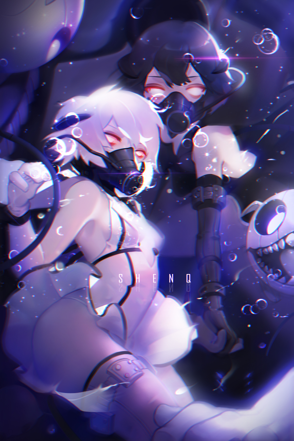 2girls abyssal_twin_hime_(black) abyssal_twin_hime_(white) air_bubble artist_name black_gloves black_hair breasts chromatic_aberration diving_mask dress elbow_gloves gloves glowing glowing_eyes hand_holding highres kantai_collection legband lens_flare multiple_girls red_eyes shenq shinkaisei-kan short_dress short_hair small_breasts white_dress white_gloves white_hair