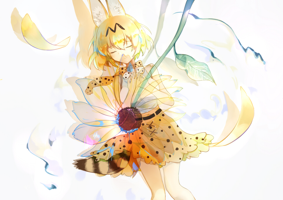 1girl animal_ears bangs belt blonde_hair bow bowtie breasts closed_eyes hair_between_eyes hands_together kaeki kemono_friends medium_breasts petals serval_(kemono_friends) serval_ears serval_print serval_tail shiny shiny_hair shirt short_hair skirt sleeveless sleeveless_shirt solo tail transparent_flower white_background white_shirt yellow_skirt zoom_layer