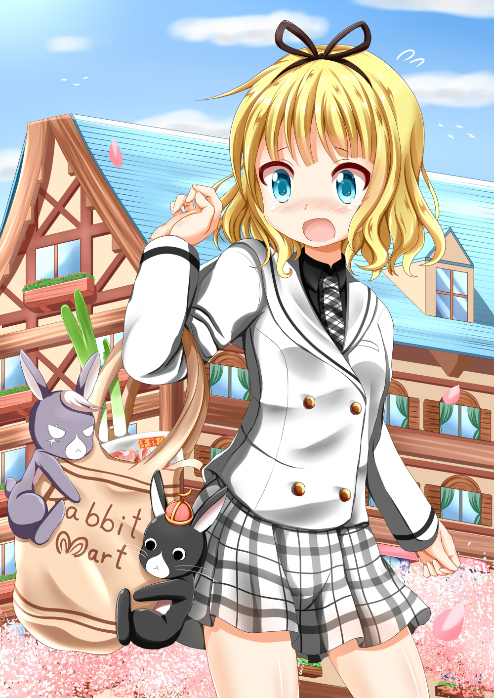 1girl :o anko_(gochiusa) bag balcony bangs bird black_ribbon black_shirt blazer blonde_hair blue_eyes blush breast_pocket breasts building cherry_blossoms clouds cloudy_sky collared_shirt commentary_request cowboy_shot crown curtains day double-breasted eyebrows_visible_through_hair flying_sweatdrops food gochuumon_wa_usagi_desu_ka? hair_ribbon hand_up highres jacket kirima_sharo long_sleeves looking_down looking_to_the_side meat necktie nose_blush open_mouth outdoors packet petals plaid plaid_necktie plaid_skirt plant pleated_skirt pocket potted_plant rabbit ribbon scar scar_across_eye school_uniform sherlock_shellingford shiny shiny_skin shirt short_hair shutter skirt sky small_breasts spring_onion tears wavy_hair wild_geese window zenon_(for_achieve)