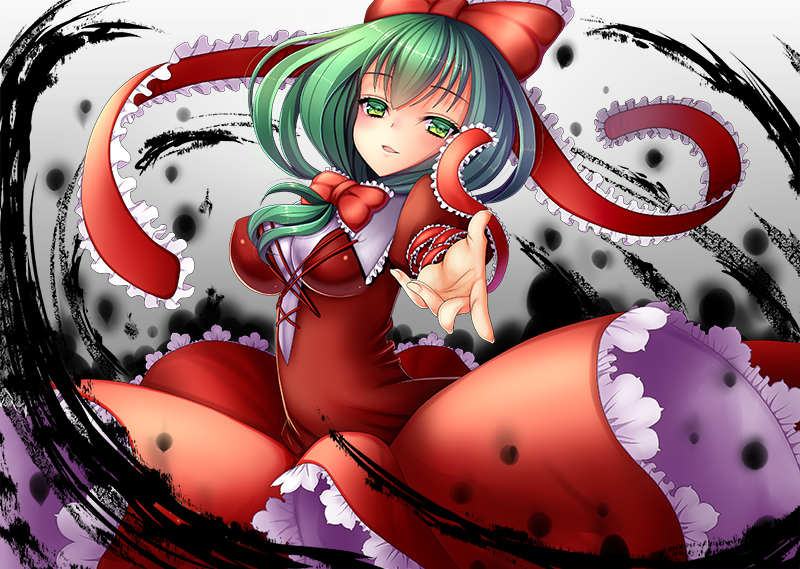 1girl blush bow breasts eyebrows_visible_through_hair green_eyes green_hair hair_bow kagiyama_hina large_breasts long_hair looking_at_viewer open_mouth outstretched_arm red_bow red_ribbon ribbon seta_(monyun) smile solo touhou