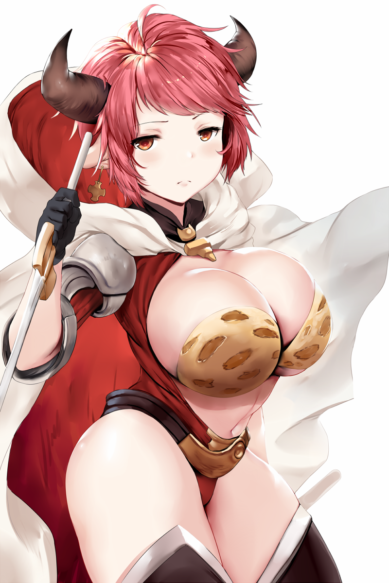 1girl breasts cape cleavage doraf granblue_fantasy hews_hack highres horns huge_breasts jitome looking_at_viewer midriff navel pointy_ears pout redhead short_hair simple_background solo strum_(granblue_fantasy) sturm_(granblue_fantasy) sword thighs weapon white_background
