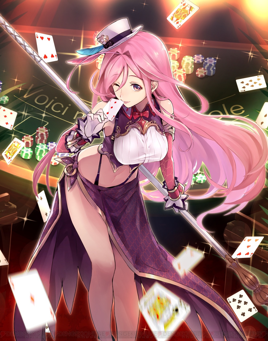 1girl ;) ahoge artist_request bare_legs breasts card elbow_gloves eyebrows_visible_through_hair gloves hat highres hortensia_saga large_breasts leaning_forward long_hair long_skirt midriff mini_hat mouth_hold navel official_art one_eye_closed pink_eyes pink_hair playing_card poker_chip polearm side_slit skirt smile solo sparkle very_long_hair watermark weapon white_gloves