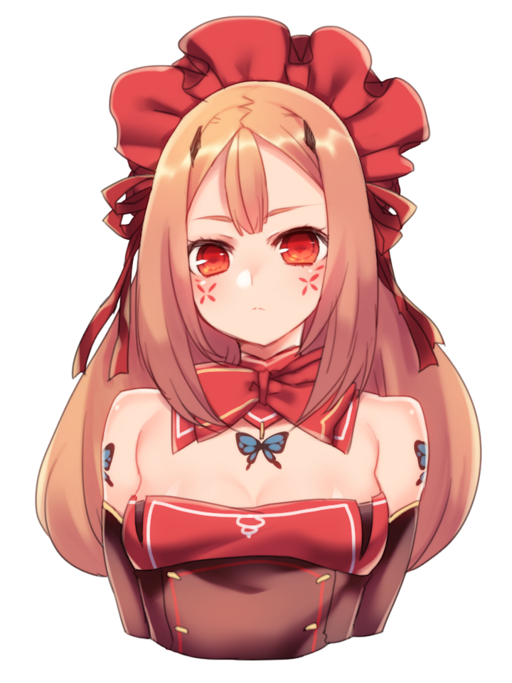 1girl bare_shoulders blonde_hair bonnet bow bowtie breasts butterfly_tattoo cleavage closed_mouth detached_sleeves facial_mark hair_between_eyes horns long_hair looking_at_viewer medium_breasts original phantasy_star phantasy_star_online_2 red_bow red_bowtie red_eyes solo strapless tattoo upper_body yutazou