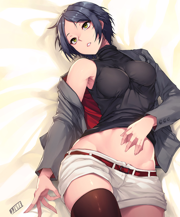 1girl arm_at_side bangs bare_shoulders belt belt_buckle black_hair black_shirt breasts brown_legwear buckle buttons eyebrows_visible_through_hair eyelashes fingernails grey_jacket groin hand_on_own_stomach hayami_kanade idolmaster idolmaster_cinderella_girls jacket jjune large_breasts long_fingernails long_sleeves lying medium_breasts on_back open_clothes open_jacket open_mouth parted_bangs parted_lips pink_lips red_belt ribbed_shirt shirt short_hair short_shorts shorts sleeveless sleeveless_shirt solo taut_clothes taut_shirt teeth thigh-highs turtleneck white_shorts yellow_eyes