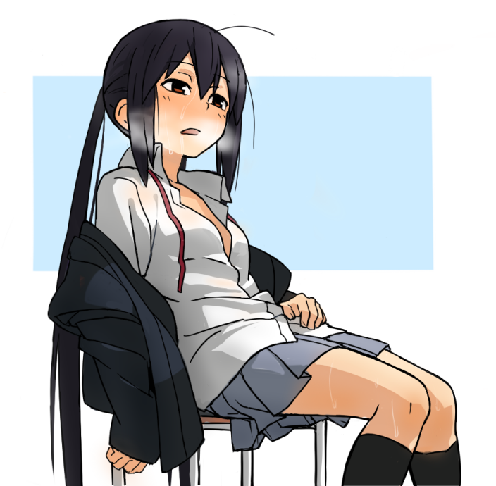 1girl black_hair blazer blush brown_eyes collarbone heavy_breathing hot iefukurou jacket k-on! kneehighs long_hair nakano_azusa open_clothes open_mouth open_shirt revision school_uniform see-through shirt sitting skirt socks solo sweat sweat_stain sweating teeth twintails water wet wet_clothes